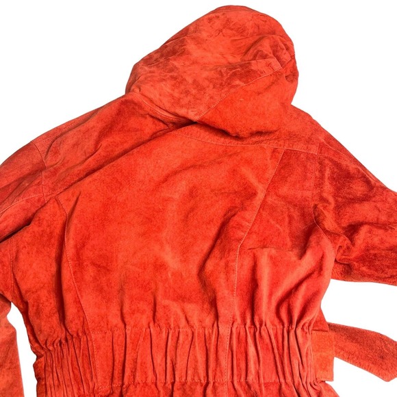 John Murrough Vintage 80s Suede Leather Orange O-Ring Zip Up Hooded Jacket Small - Picture 12 of 14